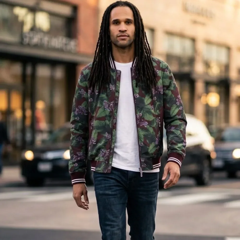 GSTQ Men's Floral Bomber Jacket Green/Maroon Full Zip - Size Small